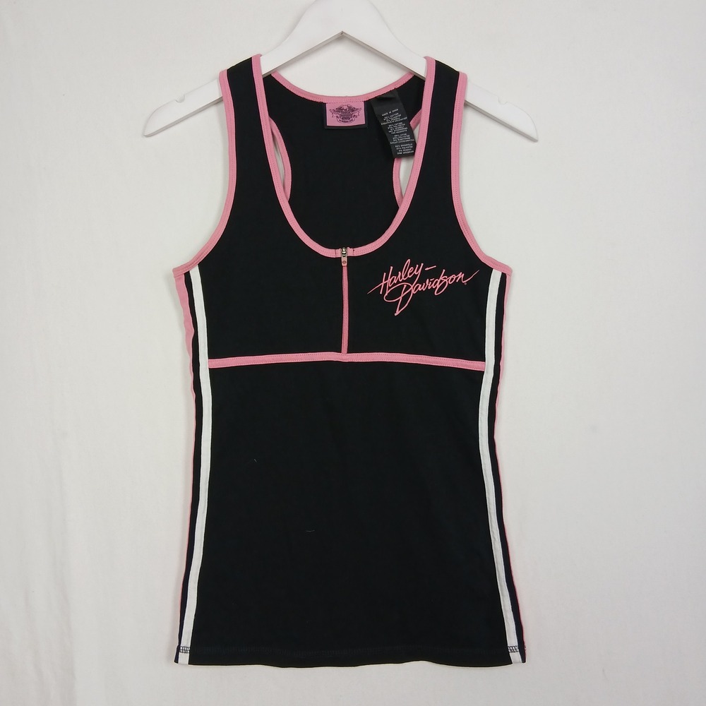 Harley Davidson Womens Tank Top Black Pink 1/4 Zip Racerback Script Logo Medium